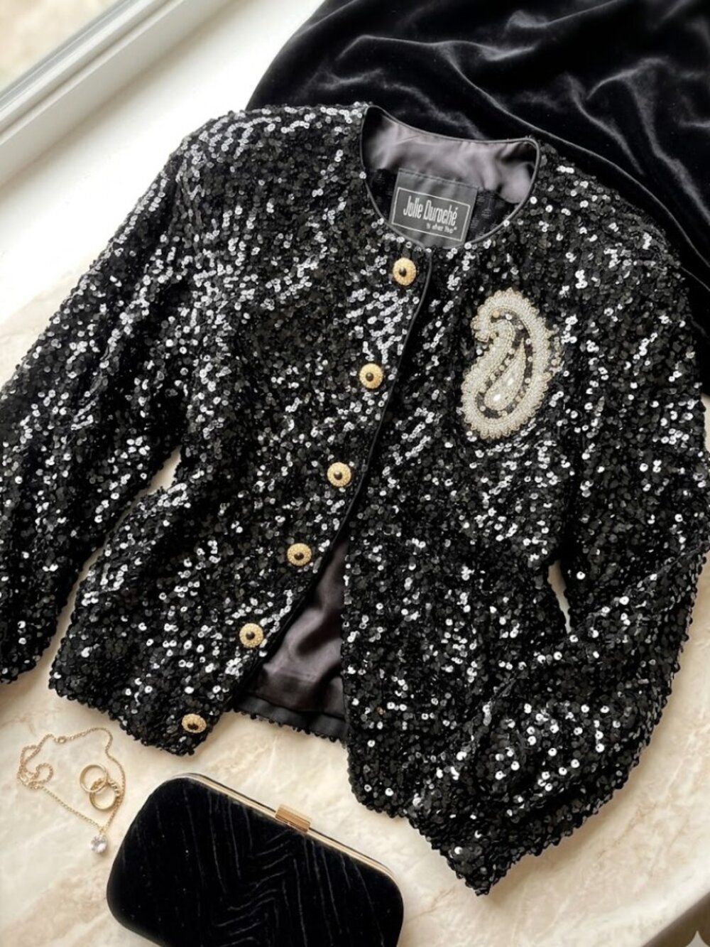 Vintage Julie Duroché Sequin Jacket Black Beaded Paisley Evening Blazer Glam 80s - Picture 15 of 15